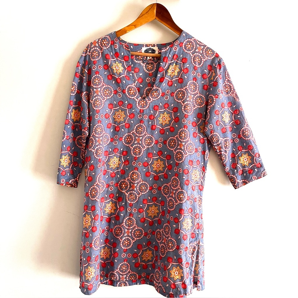 John Robshaw Blue Indian Print Boho Minimalist Tunic Top / Swim Coverup Small